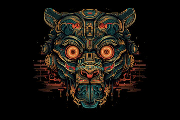 Image of cyberpunk lion mask with colorful patterns on black background. Wildlife Animals. Illustration. Generative AI.