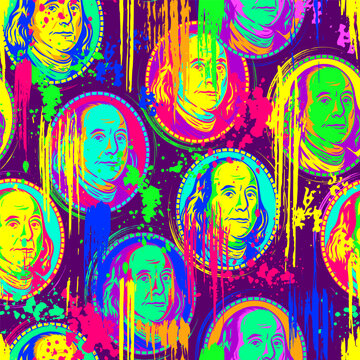 Pop art pattern with Benjamin Franklin portrait from 100 dollar bill. Background with paint brush strokes, smudges, blots, spattered paint of neon colors. For sports goods, prints, vinyl wrap.