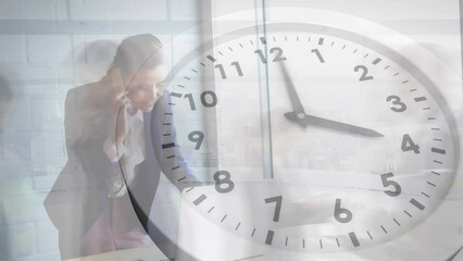 Animation of clock, time-lapse of people walking, caucasian businesswoman talking on cellphone - Powered by Adobe