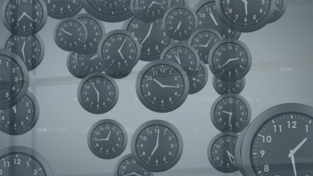 Animation of falling black watches over number against abstract background