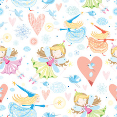 seamless pattern with bright cheerful fairies on a white background with clouds, hearts and snowflakes