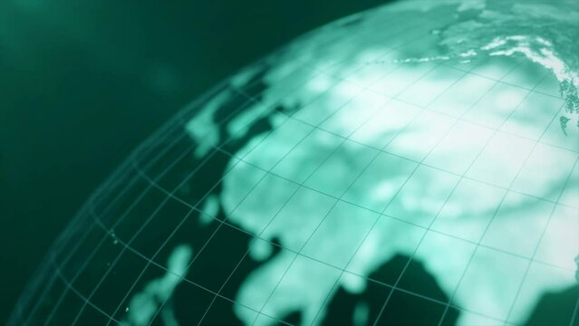 4k Seamless loop video of glowing and Futuristic rotating animation of earth globe in close up shoot on Right side, Business and Technology blue green Background