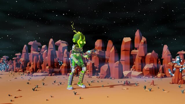 An alien with a blaster walking on the surface of an alien planet. The alien is walking against the backdrop of rocks and trees of the alien world. Stylized low-poly 3D animation.