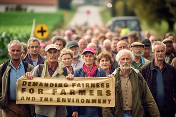 A group of farmers on protest gathering holding a sign Demanding Fairness for Farmers and the Environment. Generative AI.