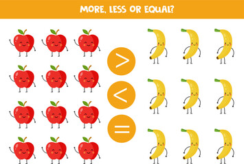 More, less or equal with cute kawaii apples and bananas.