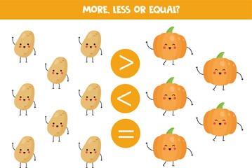 More, less or equal with cute kawaii potatoes and pumpkins.