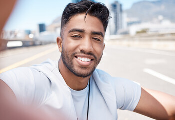 Fototapeta Happy, selfie and fitness with man in city for social media, profile picture and running. Smile, workout and relax with portrait of male runner and photo in road for exercise, training and freedom obraz