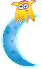 cute yellow monster sitting on the cyan moon crescent. Vector illustration isolated on white background.