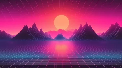 Foto op Plexiglas Synthwave sunset background 80s. Low poly landscape, neon lights. AI generated Generative AI © LabirintStudio