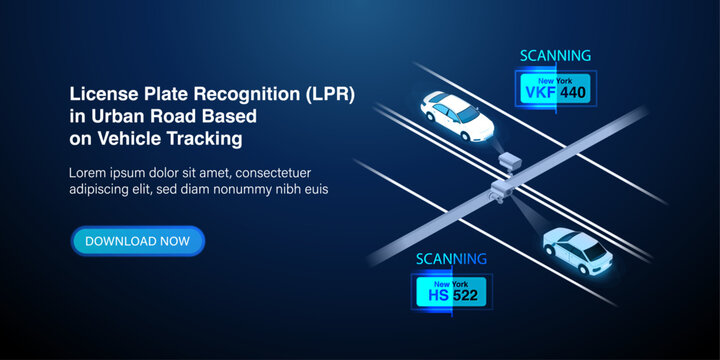 Smart LPR Camera Solutions landing page. Automated License Plate Recognition. Car registration and speed detection. Monitoring, Location tracking radar and road traffic rule violation. Vector.