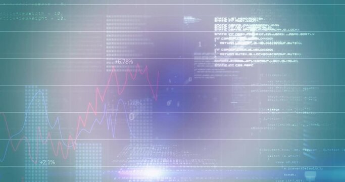 Animation of graphs with looping binary codes over computer language against abstract background