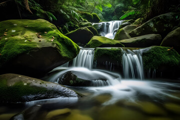 Fototapeta premium Tropical waterfall with rocks and green moss