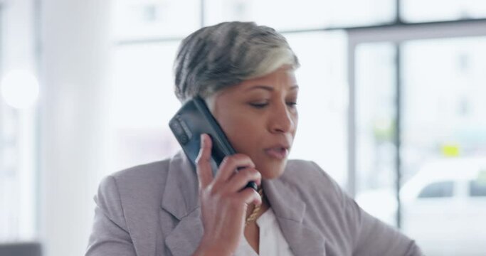 Phone call, conflict and an angry business woman arguing while upset in her professional office. Mobile, contact and anger with a senior female manager in disagreement over a smartphone conversation