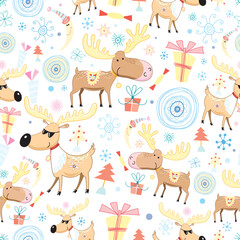 Obraz na płótnie Canvas New seamless pattern with moose on a white background with gifts and Christmas trees