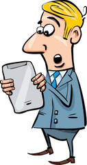 cartoon illustration of startled businessman with tablet