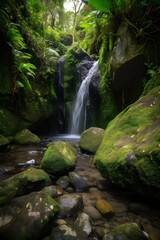 Fototapeta premium Tropical waterfall with rocks and green moss