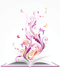 background with open book, floral ornament and butterflies