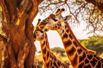 Two giraffes battling. Generative AI - obrazy, fototapety, plakaty