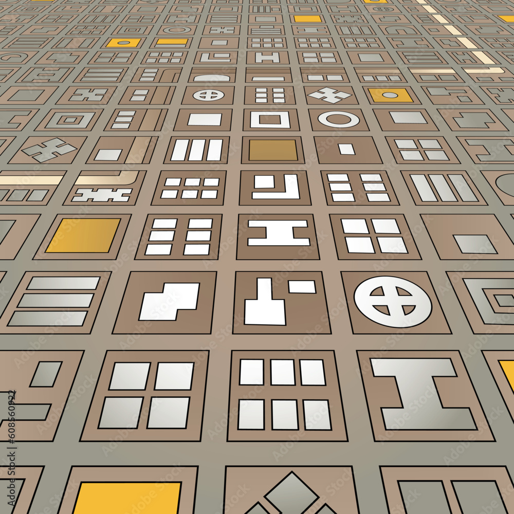 Poster abstract editable vector stylized map of a generic city in a grid pattern from an angled perspective