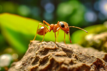 A red ant sits on a piece of wood with a green background. Generative AI
