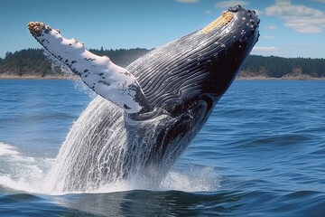 A whale jumps out of the water in front of a mountain. Generative AI
