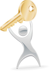 Metal character mascot holding up key.  Concept for access or opportunity.