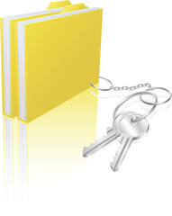 Illustration of file folder attached to keys as a keyring. Concept for secure file storage, access etc.