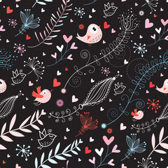 seamless graphic floral pattern with birds on a black background