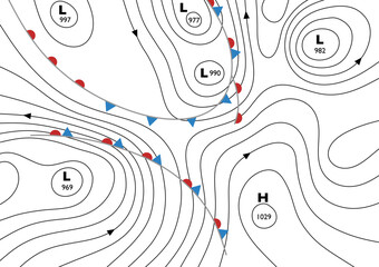 Editable vector illustration of a generic weather map showing isobars and weather fronts