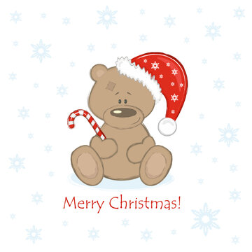 Christmas Teddy Bear in the red bell with sweet. Vector Illustration.