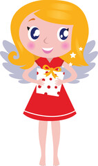 Cute little blond angel child with present. Vector cartoon illustration.