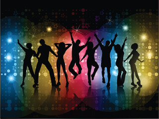 Fototapeta na wymiar Silhouettes of people dancing on an abstract background with glowing lights and stars