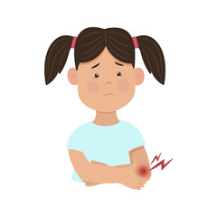 Kid elbow hurts. The upset girl is holding her hand. Joint pain, inflammation. Vector illustration. Childrens diseases and injuries