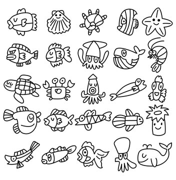 hand draw aquarium fish icons set