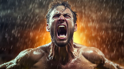 a muscular man stands in the rain and shouts out his success to motivate himself, generative AI