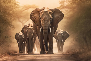 Naklejka na ściany i meble Elephants in the Chobe National Park, Botswana, Africa with Generative AI.