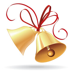 Bell golden for  Christmas or wedding with red bow icon, element for design.