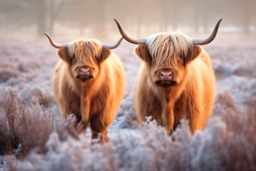 Two Scottish highland cattle standing in a snowy field in winter with Generative AI. - obrazy, fototapety, plakaty