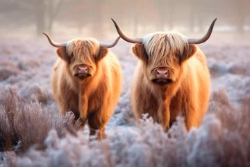Foto op Canvas Two Scottish highland cattle standing in a snowy field in winter with Generative AI. © kiimoshi