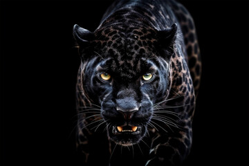 Fototapeta na wymiar Portrait of a beautiful black panther on a black background with Generative AI.