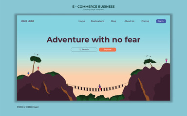 Travel adventure landing page or web banner template with mountain landscape concept or hiking