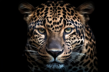 Fototapeta na wymiar Portrait of a leopard on a black background, close-up with Generative AI.
