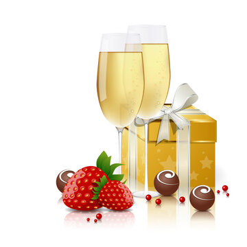 Greeting card with champagne and chocolate