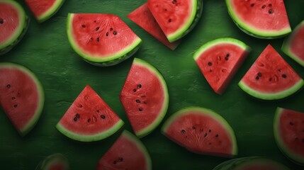 Watermelon Slices Arranged on a Green Surface. Generative ai