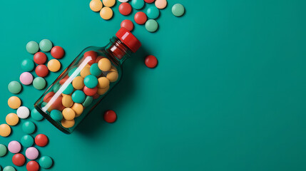 Bottle and scattered pills on color background, top view. Space for text