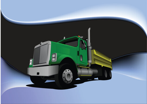Abstract black-blue background with green  truck image. Vector illustration
