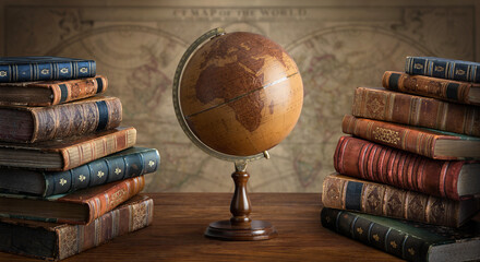 Old geographical globe and map and old book in cabinet. Science, education, travel background. History and geography team. Ancience, antique globe on the background of old map.