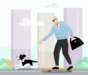 Businessman with dog, Elderly man ride a skateboard with border collie dog. Senior silver generation man riding a board with pet. Grandpa on a longboard. Recreational sport for grandfather.