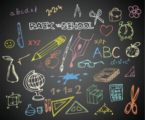 Back to school - set of school doodle vector illustrations on blackboard