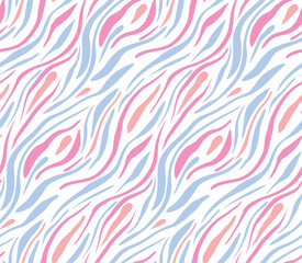 Abstract gentle zebra skin texture. Vector seamless pattern with hand drawn pink and blue stripes on white background. Trendy background